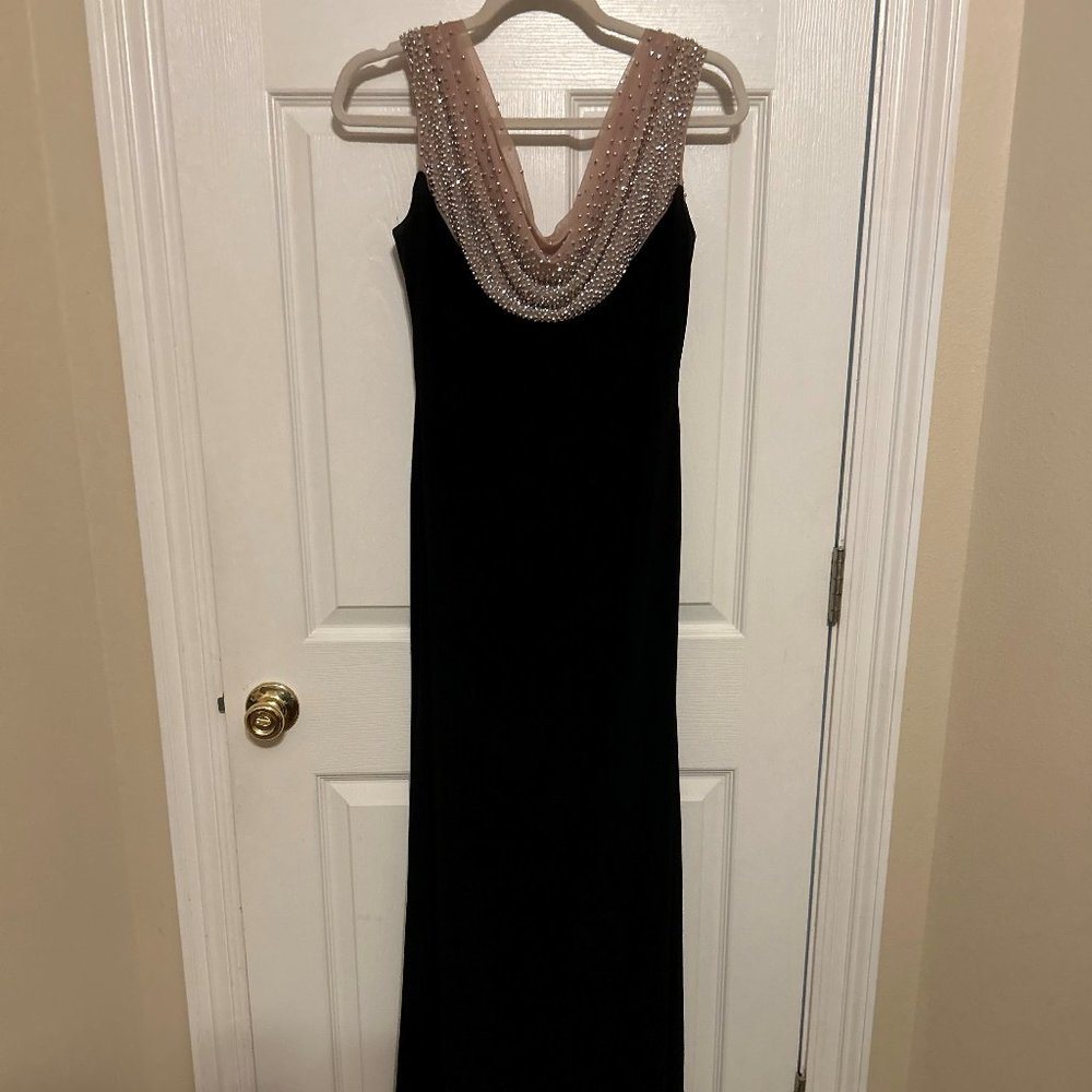 black evening dress with nude/beaded neckline